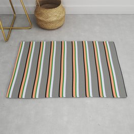 [ Thumbnail: Light Salmon, Black, Grey, Lavender, and Forest Green Colored Stripes Pattern Rug ]