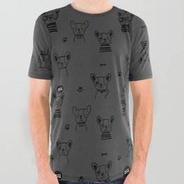 Dark Grey and Black Hand Drawn Dog Puppy Pattern All Over Graphic Tee