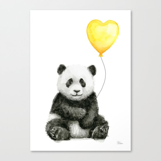 Panda with Yellow Balloon Baby Animal Watercolor Nursery Art Canvas Print