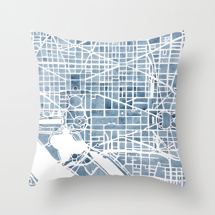 Washington DC Blueprint watercolor map Throw Pillow