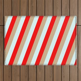 [ Thumbnail: Tan, Light Cyan, and Red Colored Stripes Pattern Outdoor Rug ]