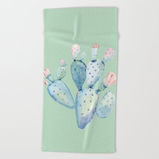 Rose Desert Cactus Light Mint Green by Nature Magick Beach Towel