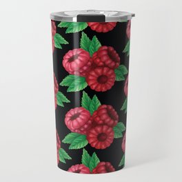 Three raspberries on a branch patern black background Travel Mug