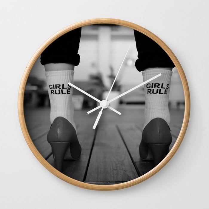 Girls rule boby socks and red high heels female portrait black and white photograph - photography- photographs Wall Clock