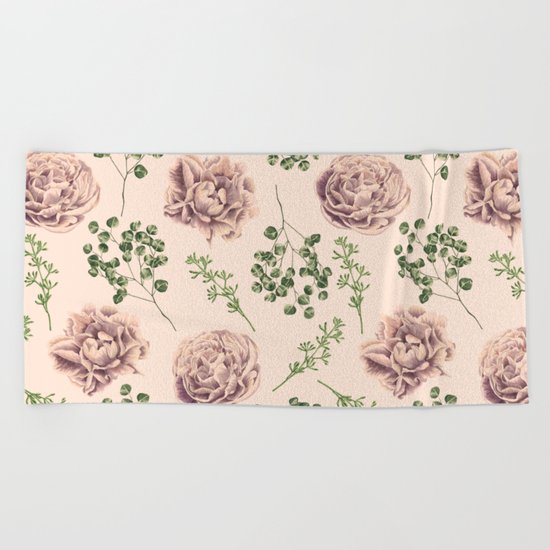 Rose Pattern Light Pink + Green Beach Towel