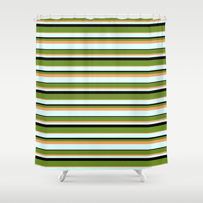 Green, Brown, Light Cyan, and Black Colored Stripes/Lines Pattern Shower Curtain