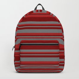[ Thumbnail: Red, Maroon, and Gray Colored Stripes Pattern Backpack ]