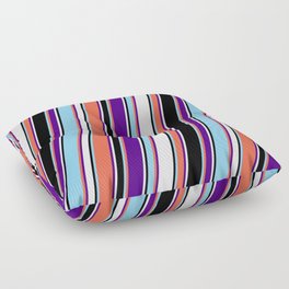[ Thumbnail: Eyecatching Red, Indigo, Mint Cream, Black, and Light Sky Blue Colored Pattern of Stripes Floor Pillow ]