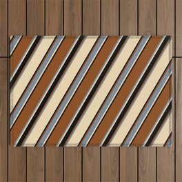 [ Thumbnail: Brown, Light Slate Gray, Tan, and Black Colored Lined/Striped Pattern Outdoor Rug ]