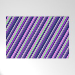 [ Thumbnail: Colorful Light Green, Dark Orchid, Dark Slate Blue, Midnight Blue, Violet Colored Striped Pattern Welcome Mat ]