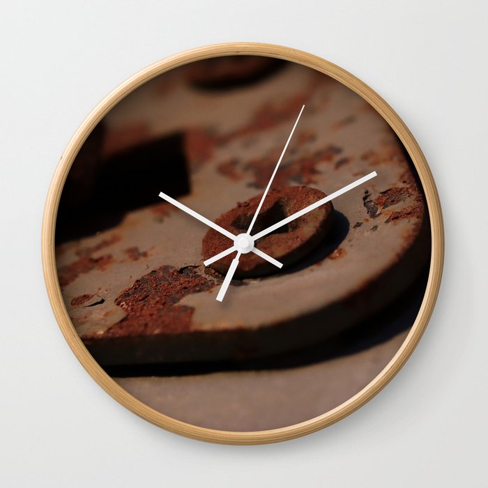 Rusty Screws on Weathered Painted Hook Wall Clock by Textures Society6
