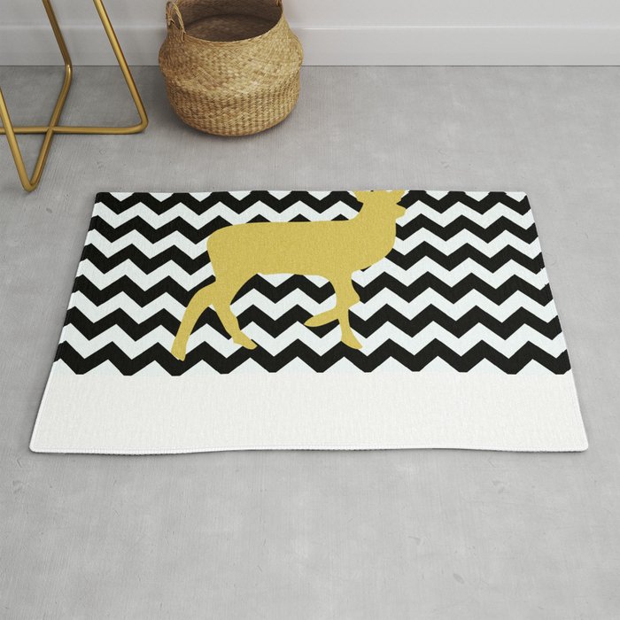 Golden Deer In Black And White Chevron Rug By Haroulita Golden Deer In Black And White Chevron Rug By Haroulita