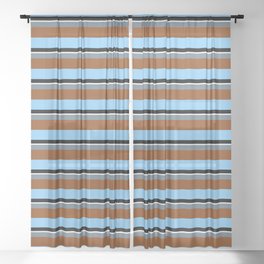 [ Thumbnail: Colorful Slate Gray, Brown, Light Sky Blue, Black & Mint Cream Colored Striped Pattern Sheer Curtain ]