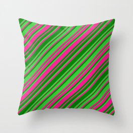 [ Thumbnail: Deep Pink, Green & Lime Green Colored Lines Pattern Throw Pillow ]