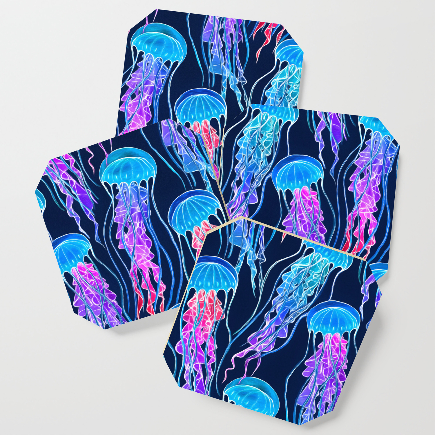 Luminescent Rainbow Jellyfish On Navy Blue Coaster By Micklyn