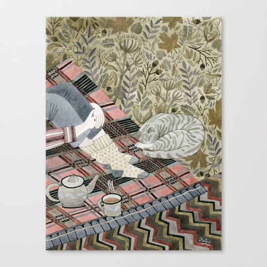 Autumn picnic with my cat Canvas Print