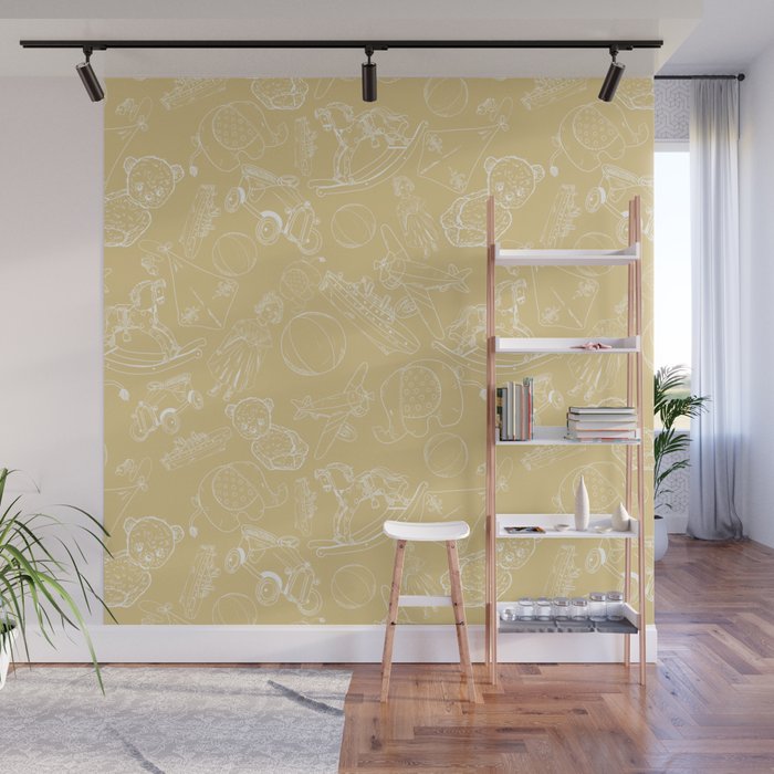 Beige and White Toys Outline Pattern Wall Mural