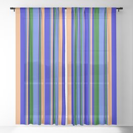 [ Thumbnail: Brown, Blue, Dark Green, and Royal Blue Colored Lines Pattern Sheer Curtain ]