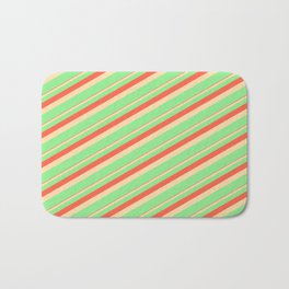 [ Thumbnail: Red, Tan & Light Green Colored Lines Pattern Bath Mat ]