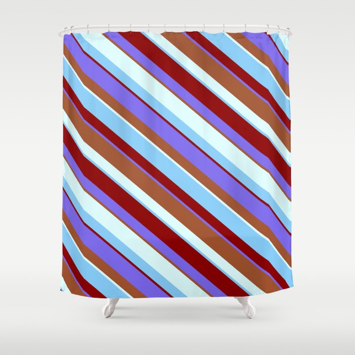 Medium Slate Blue, Sienna, Light Cyan, Light Sky Blue, and Dark Red Colored Striped Pattern Shower Curtain