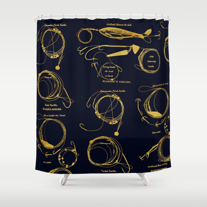 Maritime pattern- Gold fishing gear on darkblue background Shower Curtain
