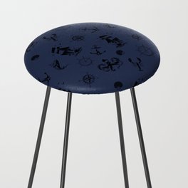 Navy Blue And Black Silhouettes Of Vintage Nautical Pattern Counter Stool