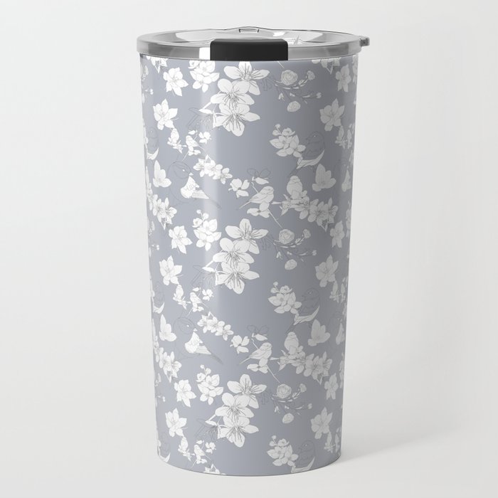 Grey Floral Birds Spring Pattern Travel Mug