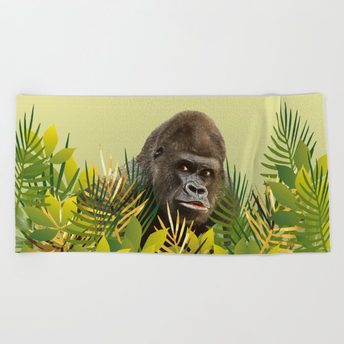 Gorilla in Jungle with Palm leaves Beach Towel