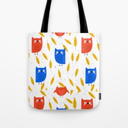 Autumn Orange and Blue Owl and Yellow Leaves on a White Background pattern Tote Bag