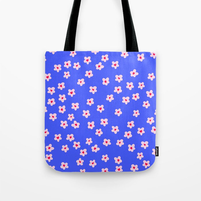 Cute Flowers with Hearts on Vibrant Blue Tote Bag