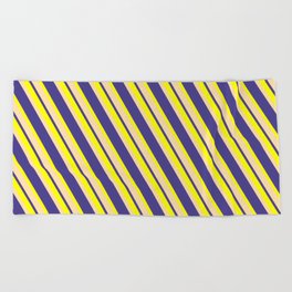[ Thumbnail: Yellow, Tan, and Dark Slate Blue Colored Striped/Lined Pattern Beach Towel ]