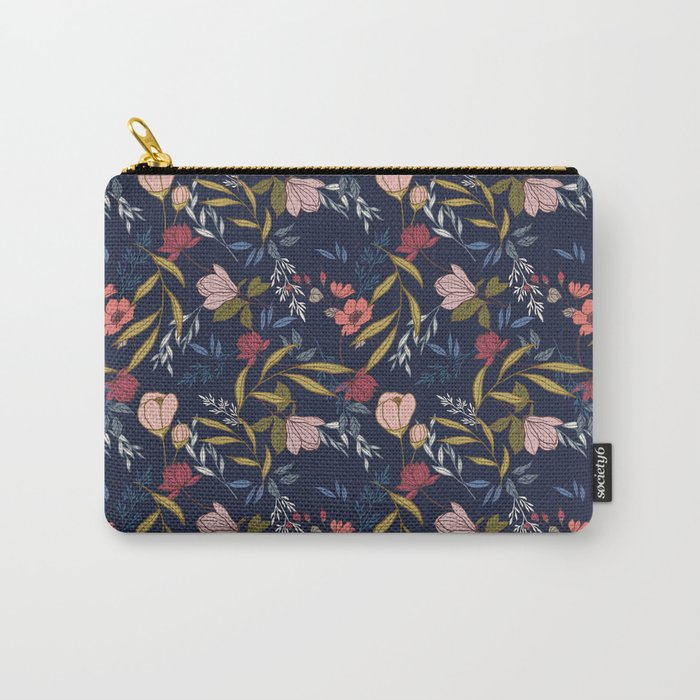 Magnolias with Springtime Botanicals in Pink and Navy Carry-All Pouch