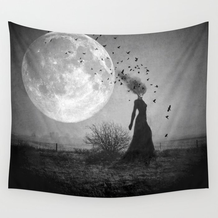 The Witching Hour Full Moon Godess witch halloween birds goth Wall Tapestry