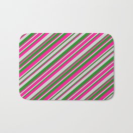 [ Thumbnail: Deep Pink, Light Grey, and Forest Green Colored Lines Pattern Bath Mat ]