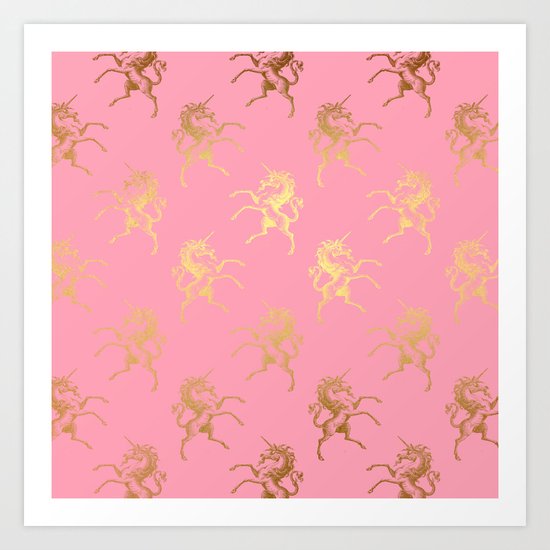 Gold elegant Unicorns on pink pattern Art Print