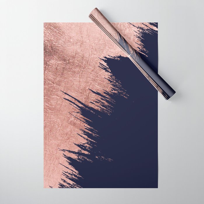 Navy blue abstract faux rose gold brushstrokes Wrapping Paper by Pink Water