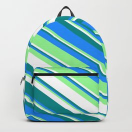 [ Thumbnail: Dark Cyan, Blue, Green & White Colored Striped Pattern Backpack ]