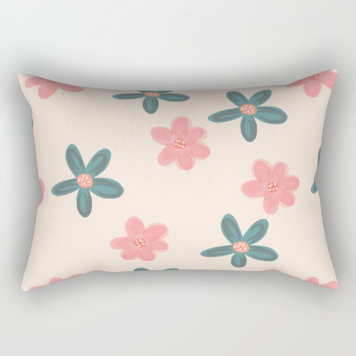 Colorful cute Flowers - Pink and green flowers - Colorful Floral Pattern - White flowers - Spring Essentiels Rectangular Pillow