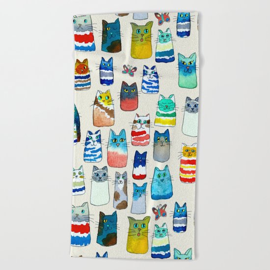 Lots of Watercolor Kitty Cats Beach Towel