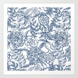 Blue Watercolor Boho Floral Pattern Art Print