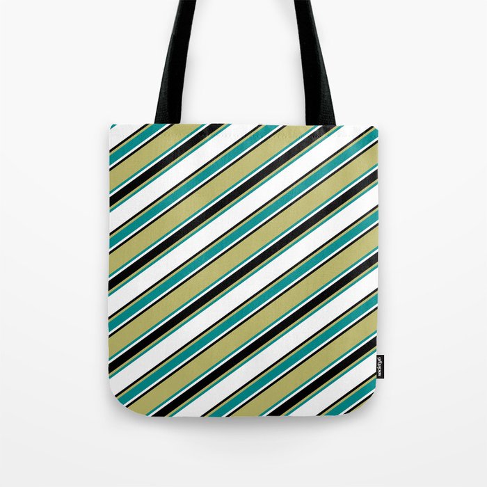 Dark Khaki, Dark Cyan, White & Black Colored Lined/Striped Pattern Tote Bag