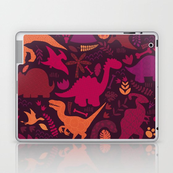 Dino Silhouette Doodle Pattern Red Laptop & iPad Skin