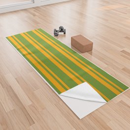 [ Thumbnail: Green & Orange Colored Lined/Striped Pattern Yoga Towel ]