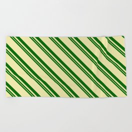 [ Thumbnail: Dark Green and Pale Goldenrod Colored Lines Pattern Beach Towel ]