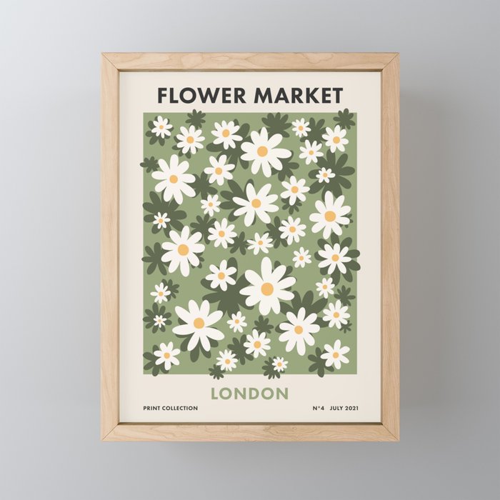 Flower Market London, Retro Daisies  Print, Green Ditsy Pattern Framed Mini Art Print