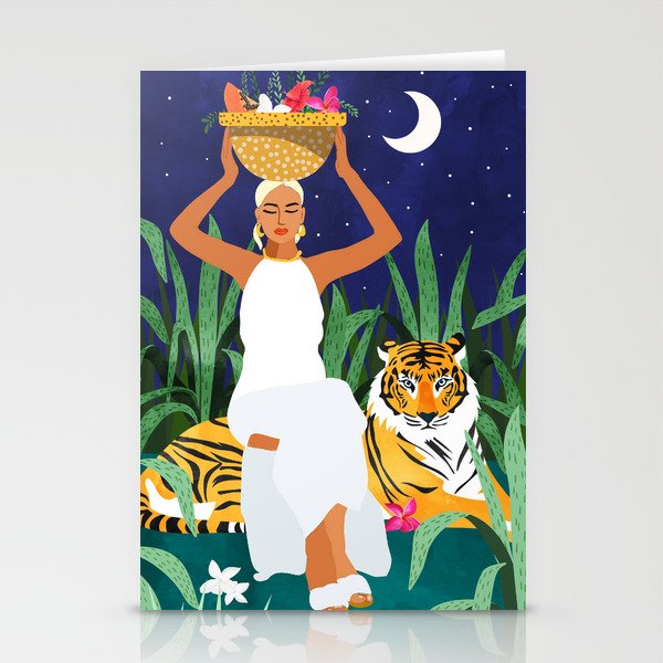 Tiger Camping, Wildlife Wild Jungle Illustration, Modern Bohemian Black Woman, Starry Night Moon Stationery Cards
