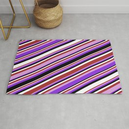 [ Thumbnail: Colorful Brown, Plum, Purple, Black, and White Colored Pattern of Stripes Rug ]