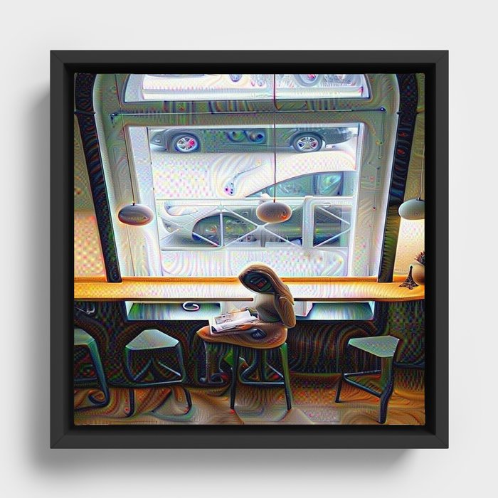 Waiting alone in the cafeteria watching the cars go by  Framed Canvas