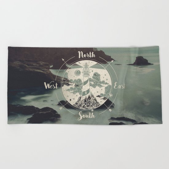 Lighthouse Compass Forest Ocean Beach Towel