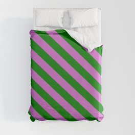 [ Thumbnail: Green and Orchid Colored Lined Pattern Duvet Cover ]